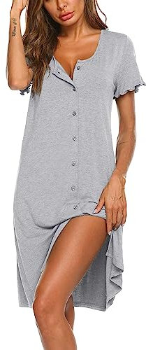 Ekouaer Womens Nightdress Short Sleeve Nightshirt Button Down Nightgown Sleepwear Summer Sleepshirts, Light Grey XX-Large