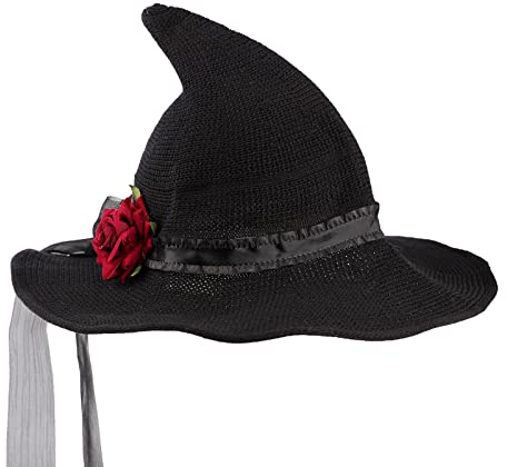 NICEYEA Halloween Hexenhut Zaubererhut mit Schleifenband Frauen Gebogene Ecke Roseblumen Karnevalshut Breite Krempe Maskerade Strickmütze Filzhut Spitz-Hut Kostüm Kopfbedeckung Kappe Fancy Kostüm