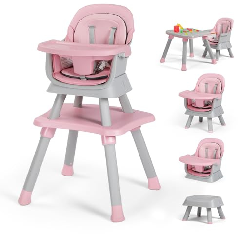Kinder King 8 in 1 Baby High Chair, Coverts to Dining Booster Seat/Kids Table & Chair Set/Toddler Building Block Table/Kids Stool, Removable Tray & Double Seat Cover, Easy to Wipe, Grey & Pink