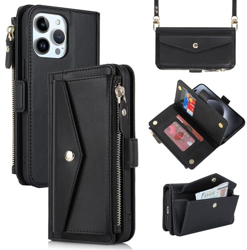 Zouzt for iPhone 15 Pro Wallet Case for Women, Purse with Credit Card Holder Slots Crossbody Lanyard Strap Zipper Flip Book Shockproof Protective Phone Cover for Apple 15 Pro 6.1 Inch (Black)