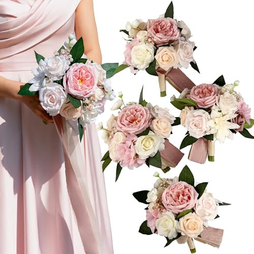 BENCENTRE Blumenstrauß für Brautjungfern, 17,8 cm, 4 Stück, kleiner Hochzeitsstrauß, für Heiratsantragsparty und Vintage-Hochzeitszeremonie, Jahrestag, künstliche Blumen