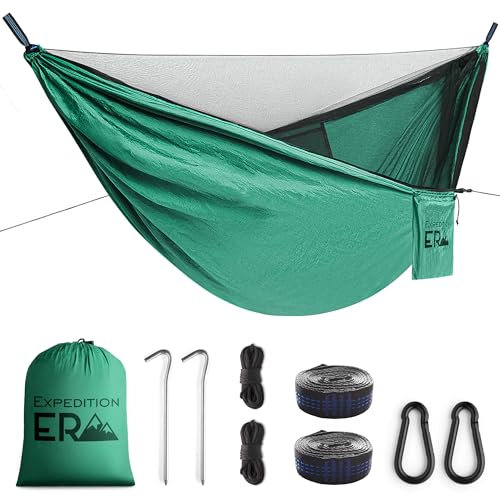 Hamac de Camping - Hamac avec Moustiquaire - Nylon Hamac Pliable pour Jardin - Ultra-léger Hamac de Voyage Camping - Nylon à Parachute à Séchage Rapide - 200 kg Capacité - Vert