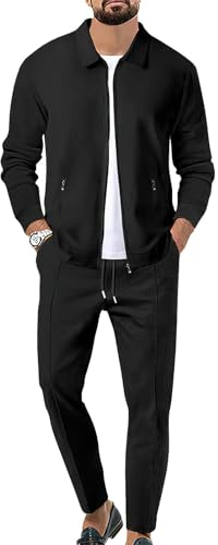 Uomo Tute da Ginnastica Waffle Manica Lunga Cerniera Giacca & Pantaloni Set di 2 Pezzi Nero per Casual Sport Lavoro, M