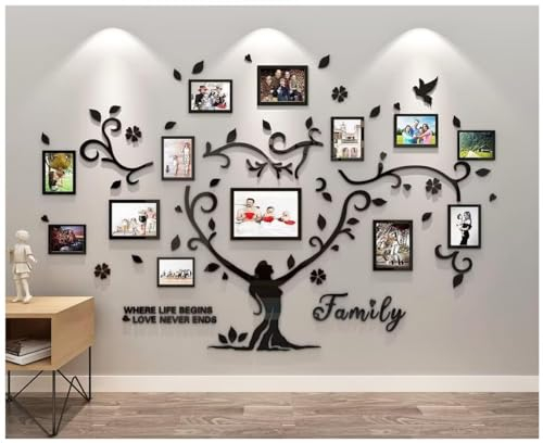 3D Acrylique Arbre Stickers Muraux - DIY Stickers Mural Amovibles Autocollants avec 13 Cadres de Photo Arts Décoration de la Maison Chambre Salon Famille Cadeau Commémoration Noir