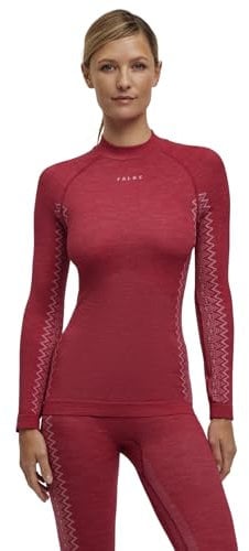 FALKE Damen Baselayer-Shirt Wool-Tech Round Neck W L/s Sh Wolle Funktionsmaterial schnelltrocknend 1 Stück, Rot Red 8644 Trend, S