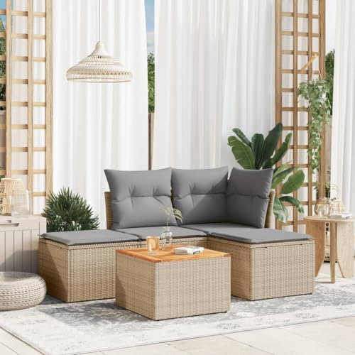 QJBSAVVA 5-TLG. Garten-Sofagarnitur, Balkon Sessel Eckbankgruppe Gartensofa Balkontisch Klein Geeignet für Garten Wenig Platz Außen Balkon mit Kissen Beige Poly Rattan