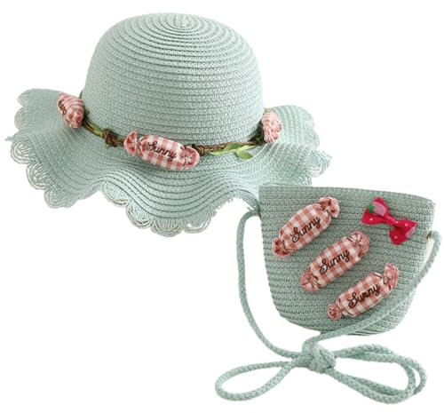 Sombrero de Paja y Bolso de Verano para Niña,Gorra de Sol Bolso Pequeño para Niñas,Mini Sombreros de Playa con Dulces Decoración,Suministros para Niños Viaje Piscinac al Aire Libre (Verde)