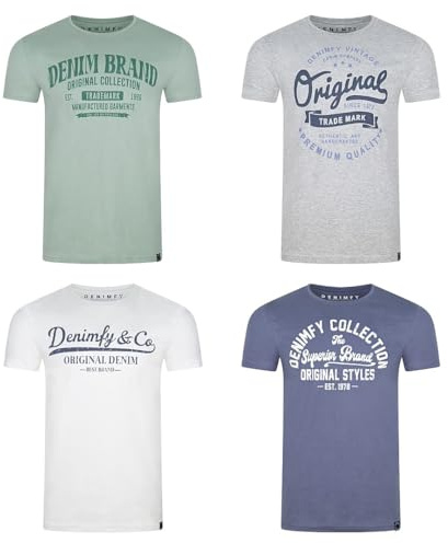 DENIMFY DFNuri Lot de 4 t-shirts d'été en coton pour homme - Coupe droite - Col rond - Manches courtes - Avec logo imprimé - Noir, blanc, bleu, vert, rouge, gris - Tailles S, M, L, XL, XXL, 3XL, 4XL