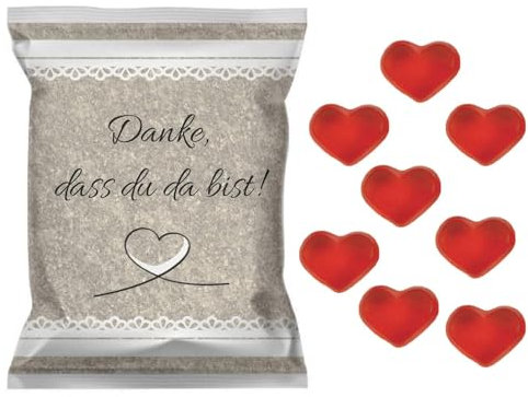 50 Tüten Fruchtgummi-Herzen, Gummibärchen Gastgeschenke Hochzeit - Danke, dass du da bist - Geburtstag - Konfirmation - Kommunion - Einschulung - Taufe (50 Tüten, Herzen)