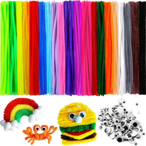 ElevaPulse 300 Pfeifenputzer zum Basteln Set - 200pcs 30 cm lang Pfeifenreiniger zum Basteln, 100Pcs Kulleraugen, Bastelmaterial, Chenilledraht