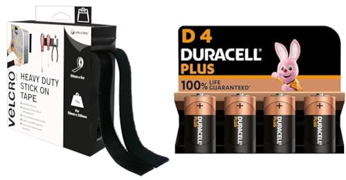 VELCRO Brand Heavy Duty Stick On Tape Cut-to-Length Industrial Extra Strong Double Sided Hook & Duracell Plus D Batteries (4 Pack) - Alkaline 1.5V - 100% Life Guaranteed - Reliability for Everyday