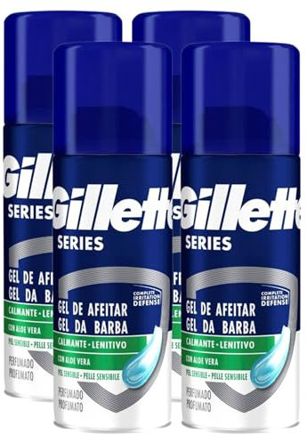 Gel Da Barba, Calmante - Lenitivo, Con Aloe Vera, Per Pelli Sensibili. Formato Viaggio 75ml (4 Bombolette)