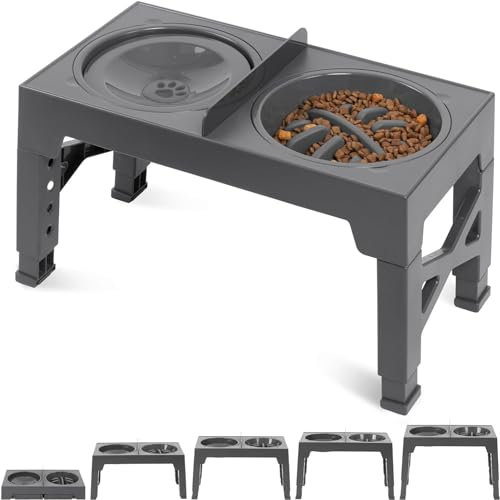 Raised Dog Bowls with Adjustable Stands, Elevated Dog Bowl with Slow Feeder Bowl & 2 Stainless Steel Bowls for Large/Medium/Small Dogs and Pets (Gray)