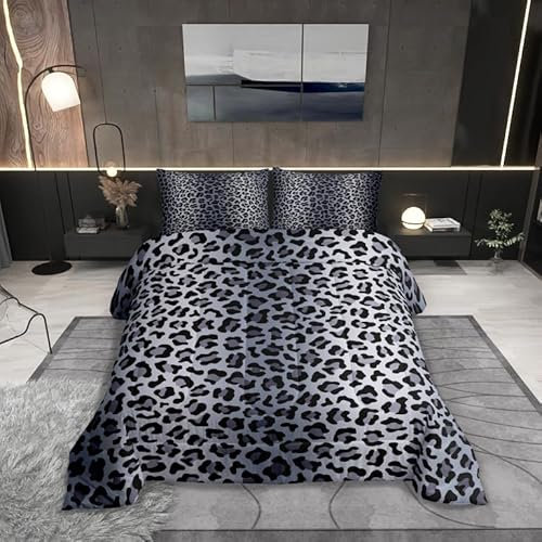 Castle Fairy Bettwäsche-Set für Doppelbett, Leopardenmuster, Gepardenfell-Druck, weiche Bettkollektion, grau-schwarz, Leoparden-Bettwäsche-Set für Jungen und Mädchen, 2-teilig