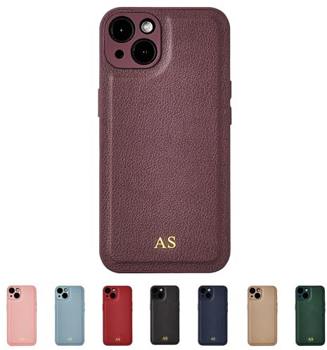 Tirita Personalised Leather Phone Case for iPhone 14 – Leather Burgundy Case or Cover With Custom Initials – Cute Personalised Gift for Men or Women [09. Burgundy Gold Embossed Initials]