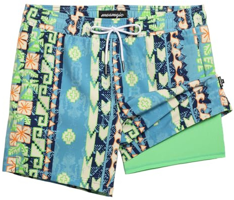 MaaMgic 5 Swimming Shorts Men Swim Trunks 2 in 1 with Compression Liner Zip Pockets Stretch Quick Dry Dissolvable Beach Shorts Swimwear, Emerald Green Coconut, XL