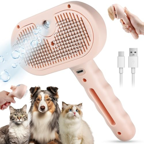 Cat Steam Brush Hair Removal Comb - 3 In 1 Pet Hair Magic Wand with Water Spray & Release Button, Self Cleaning Mist Massage Dog Brush, Pet Deshedding Grooming Brushes for Long Short Haired Cats Dogs