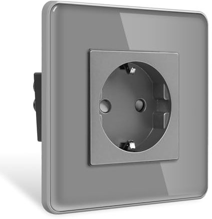 CNBINGO Steckdose Unterputz Einzelsteckdose mit Kindersicherung Glas Schuko Steckdosen Grau Wandsteckdose
