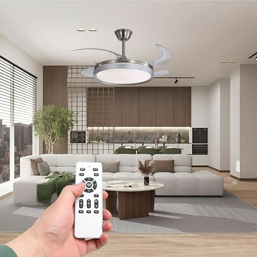 HYBEC - Ventilador de techo niquelado con luz LED regulable | 107 cm con aspas invisibles | Motor DC 6 velocidades | Control remoto | Bajo consumo y diseño moderno