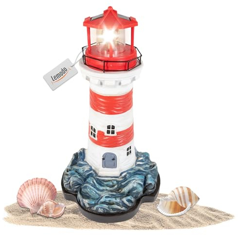 NATIV LEMODO Gartendeko roter Leuchtturm mit rotierendem Leuchtfeuer | Handbemalte Gartenfigur mit Solarleuchte | Maritime Außendeko mit LED Beleuchtung | 43 cm hoch