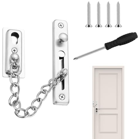 Stainless Steel Door Chain Lock, Front Door Security Chain Lock,Heavy Duty Anti-Theft Snap Lock,Front Door Safety Chain with 4 Screws, Screwdriver & Adhesive,Security Locks for Doors, Hotel and Home