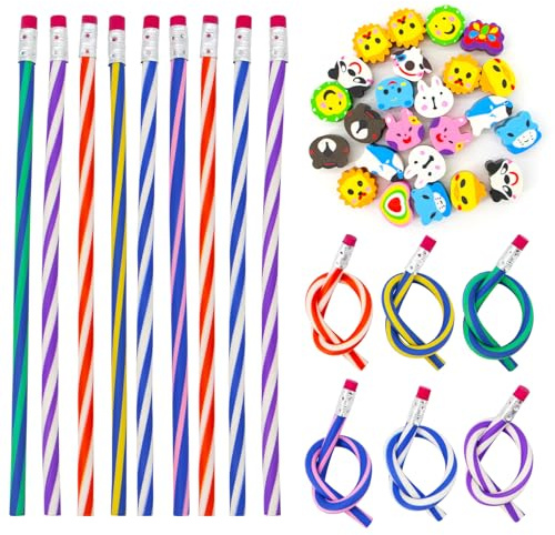 BORISCA Set di 24 matite flessibili per bambini e 24 gomme da cancellare, regali di compleanno per bambini scuola matite per dettagli di compleanno regalo per studenti fine corso