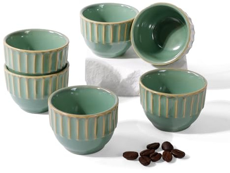 ZEBERBO Ceramic Espresso Cup Set of 6, One Shot Coffee Cups,Tiny Cofffee Mugs Demitasse for Espresso, Vertical Stripes Espresso Cup Set of 6 (Green)