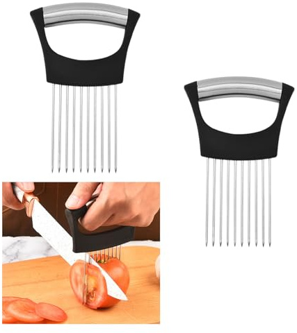 Dreamil Edelstahl-Zwiebelschneider Set, 2 Stück Zwiebelhalter aus Edelstahl zum Schneiden, Küchenhelfer für Zwiebeln, Tomaten, Gemüse & Obst (Schwarzer)
