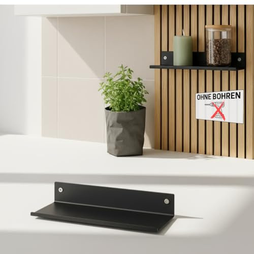 Steinmine - Designmanufaktur Wandregal Metall schwarz matt – Metallverschraubung - kein Bohren – Zubehör für Akustikpaneele (44cm x 13cm)