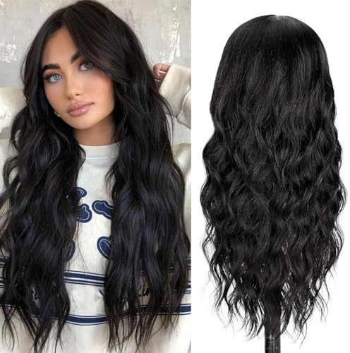 ZXTGBQ Lange Schwarz Perücken Gewellt Perücken für Frauen 68cm Mittel Lange Perücke Mittelscheitel Gewellt Natürliche Synthetische Haare Hitzebeständig für Die Tägliche Party Cosplay Wear