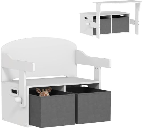 AIYAPLAY 3 in 1 Kids Storage Bench with 2 Removable Fabric Bins, White | Children Table and Chair Set, Convertible Toy Storage Box, Living Room, Playroom, Bedroom