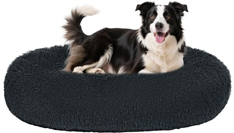 HMTOPE Orthopädisches Hundebett Rund, Katzenbett, Waschbar Kissen, 80x60cm | Hundesofa mit Egg-Crate Schaumstoff, Langer Plüsch Donut für Mittelgroße Hunde, Kuscheliges Hundekorb, Abnehmbar, Dunkelgrau