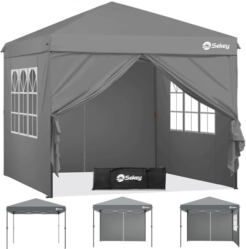 Sekey Pop Up Pavillon 3x3 Wasserdicht Stabil, Faltpavillon 3m x 3m mit Seitenwänden, Partyzelt Faltbar für Camping Party, Stufenlos Höheverstellbar 250 bis 270cm, Premium Serie 3x3, Grau