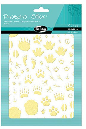 Maildor AE106O Packung Sticker Phospho' Stick (mit Glitter Effekt, 2 Bögen in Format DIN A6, 10,5 x 16 cm, ideal für Kinder ab 5 Jahren, Pfotenspuren) 152 Stickers