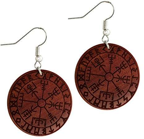 CHICNET Ohrringe Sawoholz Holz rund Silber Bügel dunkle Gravur | Nordic Celtic Viking Wikinger | leichte Ohrhänger | Organic Tribal Ohrschmuck Runen-Kompass Vegvisir