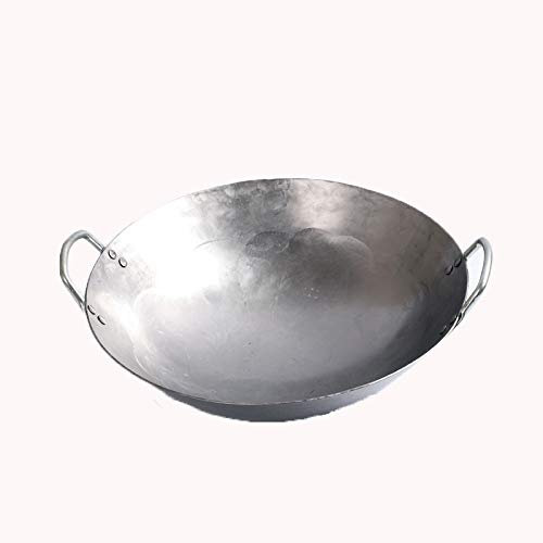 Chinese Traditional Vintage Iron Wok, 13.5 Inch Hand Hammered Wok Pure Iron Wok Pan Non-Coating Non-Stick Gas Cooker Cookware Round Bottom Wok with Doulbe Rings