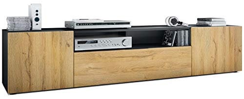 Vladon Lowboard Mogan, TV-Kommode mit 2 Türen, 1 Klappe und 1 offenes Fach, Schwarz matt/Eiche Natur (181 x 39 x 35 cm)