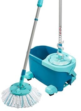 Leifheit Set CLEAN Twist Disc Mop Ergo 2.0 mit Rollwagen, Bodenwischer mit Mikrofaser Bezug für nebelfeuchte Reinigung auf Fliesen und Laminat, Wischmopp mit Click-System und Schleudertechnologie