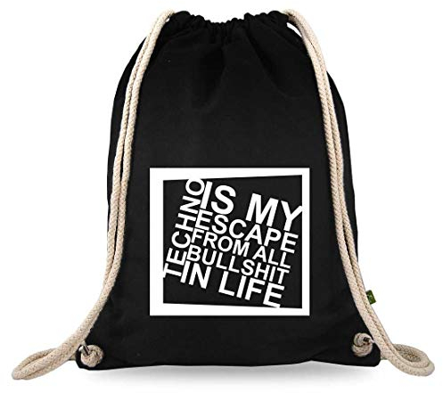 Turnbeutelliebe® Turnbeutel mit Spruch - Techno-Musik - Verschiedene Motive - Baumwolle schwarz - Sportbeutel - Rucksack - ca. 12 Liter - 37 x 46 cm (Techno is My Escape)