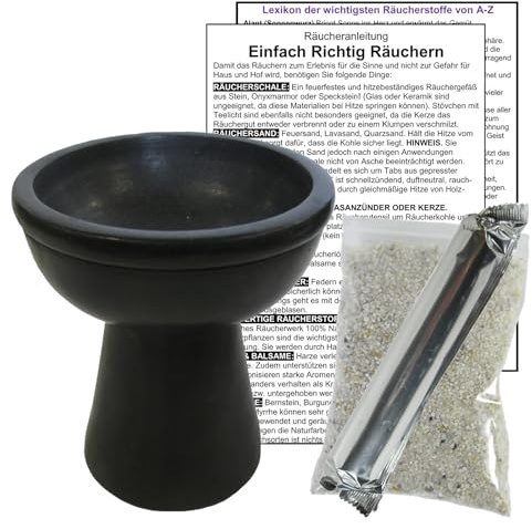 Räucherkelch NATURSTEIN schwarz Räuchergefäß ca. 700g - 10cm x 10cm Räucherschale zum Räuchern & Ausräuchern für Räucherwerk & Weihrauch. 4 x ZUBEHÖR mit Sand & Räucherkohle. 81001-S01
