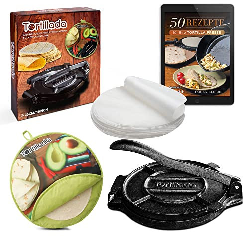 Tortillada - 25cm Tortillapresse aus Gusseisen + Tortilla Wärmer + E-Book mit 50 Tortilla Rezepten auf Deutsch + 100 x Pergament Papier
