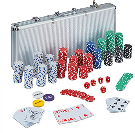 Relaxdays Vegas Maletín Póker, 500 Fichas Póquer sin Valor, 2 Barajas Cartas, 5 Dados, Pin Crupier, Cerradura, Aluminio, Plata, Color, 26 x 56,5 x 6,5 cm (10031553)