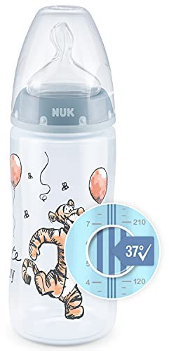 NUK First Choice+ Disney Babyflasche | 0–6 Monate | Temperature Control Anzeige | 300 ml Flasche mit Anti-KoliK-Ventil | BPA-frei | Trinksauger aus Silikon | Winnie Puuh (Blau)