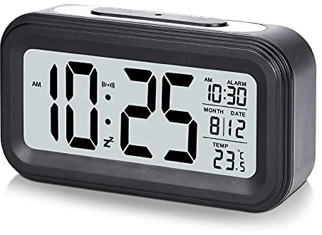 U-picks Alarm Clock 4.3 LED Display, Digital Alarm Clock with battery powered, Snooze, Easy to Use,Temperature, Date, 12/24 Hr, Light control Portable Alarm clocks bedside for Bedroom Office-Black