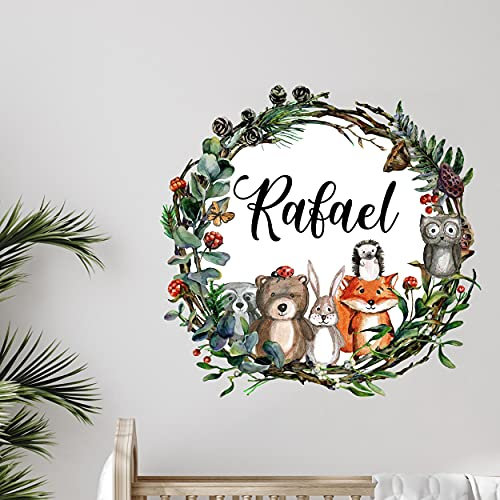 Waldtiere mit WUNSCHNAME V299 Wandtattoo personalisierbar Aufkleber Sticker Kinderzimmer Namensaufkleber Name Wunschnamen Türaufkleber Kranz (60 x 60 cm)