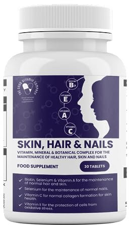 Skin Hair & Nails: 30 Vegan Tablets/Servings. Supplement for The Maintenance of Healthy Hair, Skin & Nails containing Biotin (Vitamin B7), Selenium, Vitamin A, C & E, Grape Seed Extract & Minerals