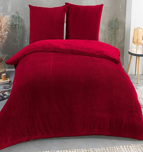Kuscheli® Winter Wende Plüsch Bettwäsche 135 x 200 od. 155 x 220 mit 80x80 Kissenbezug Cashmere-Touch Coral Fleece Deckenbezug, Farbe:ROT, Größe:200x200 + 2X 80x80