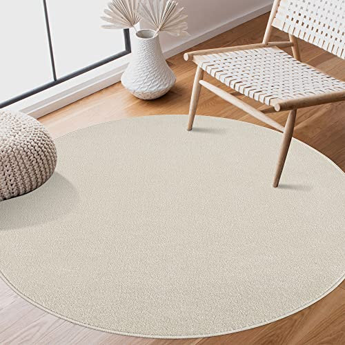 SANAT Kurzflor Teppich Wohnzimmer - Uni Modern Teppiche fürs Schlafzimmer, Arbeitszimmer, Büro, Flur, Kinderzimmer und Küche - Creme, 200 cm Rund