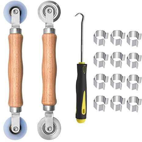 BAYTORY Kit de réparation d'écran de fenêtre en acier/nylon avec roulement, crochet de retrait de cannelure et 12 clips d'écran de rechange pour l'installation de moustiquaires en maille de porte