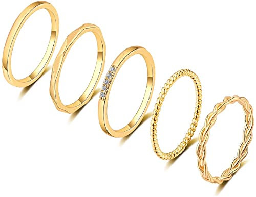 FUNEIA 5 Stück 14 Karat Vergoldet Ringe Set für Frauen Knuckle Ring Gold Damen Band Ringe Fingerring Stacking Stapelbarer Ring Midi Ring Twist Eternity Bänder Größe